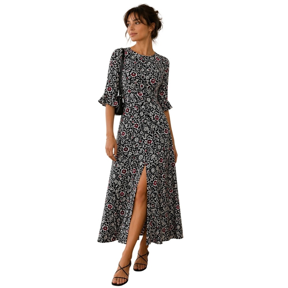 LOFT Black Floral Midi Dress with Pink Accents